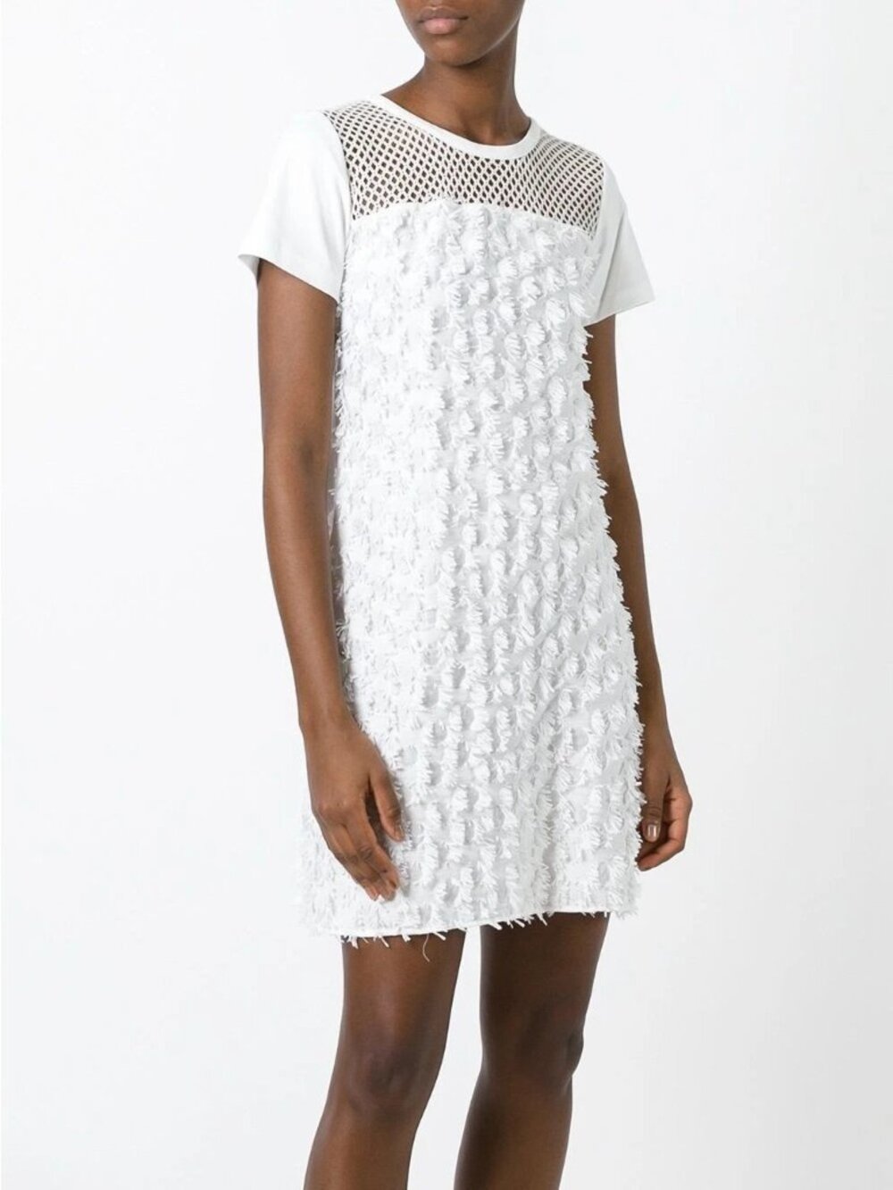 See By Chloe Size S Cloud Dancer White Fringe Knit Shift Mini Dress Short Sleeve